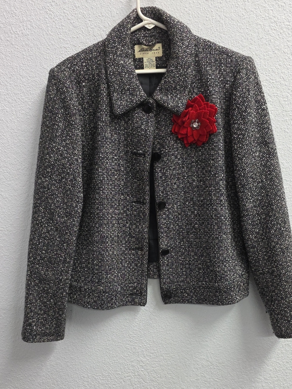 Eddie Bauer Wool Blend Tweed Blazer Jacket Black White Size L